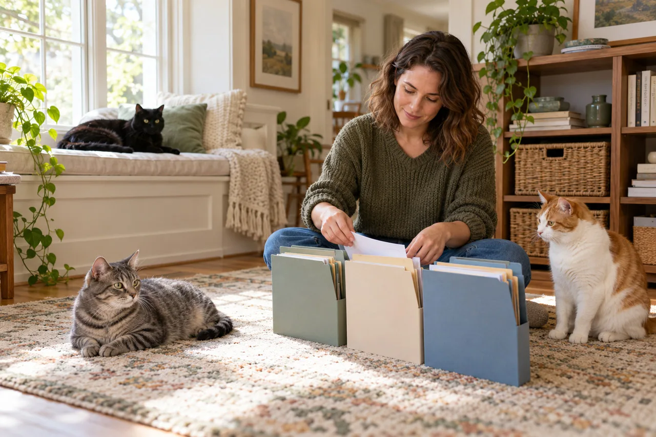 An owner organizes medical folders at home with two cats nearby